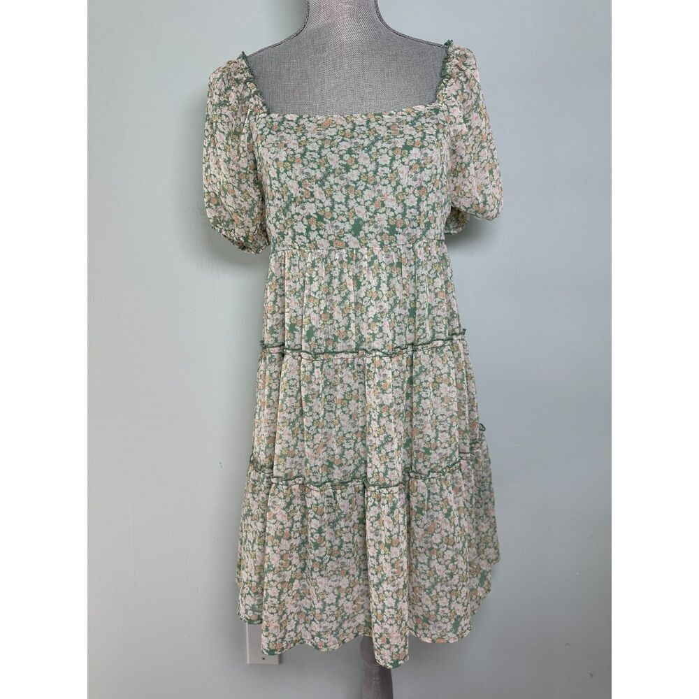 Jun & Ivy Green Cottage Floral Babydoll Puff Sleeve Prairie Tiered Dress size S